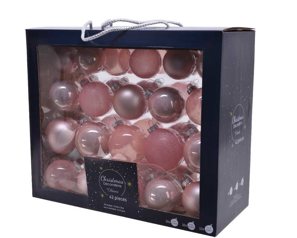 Kerstballen set 42-delig | glas | poederroze | diverse maten