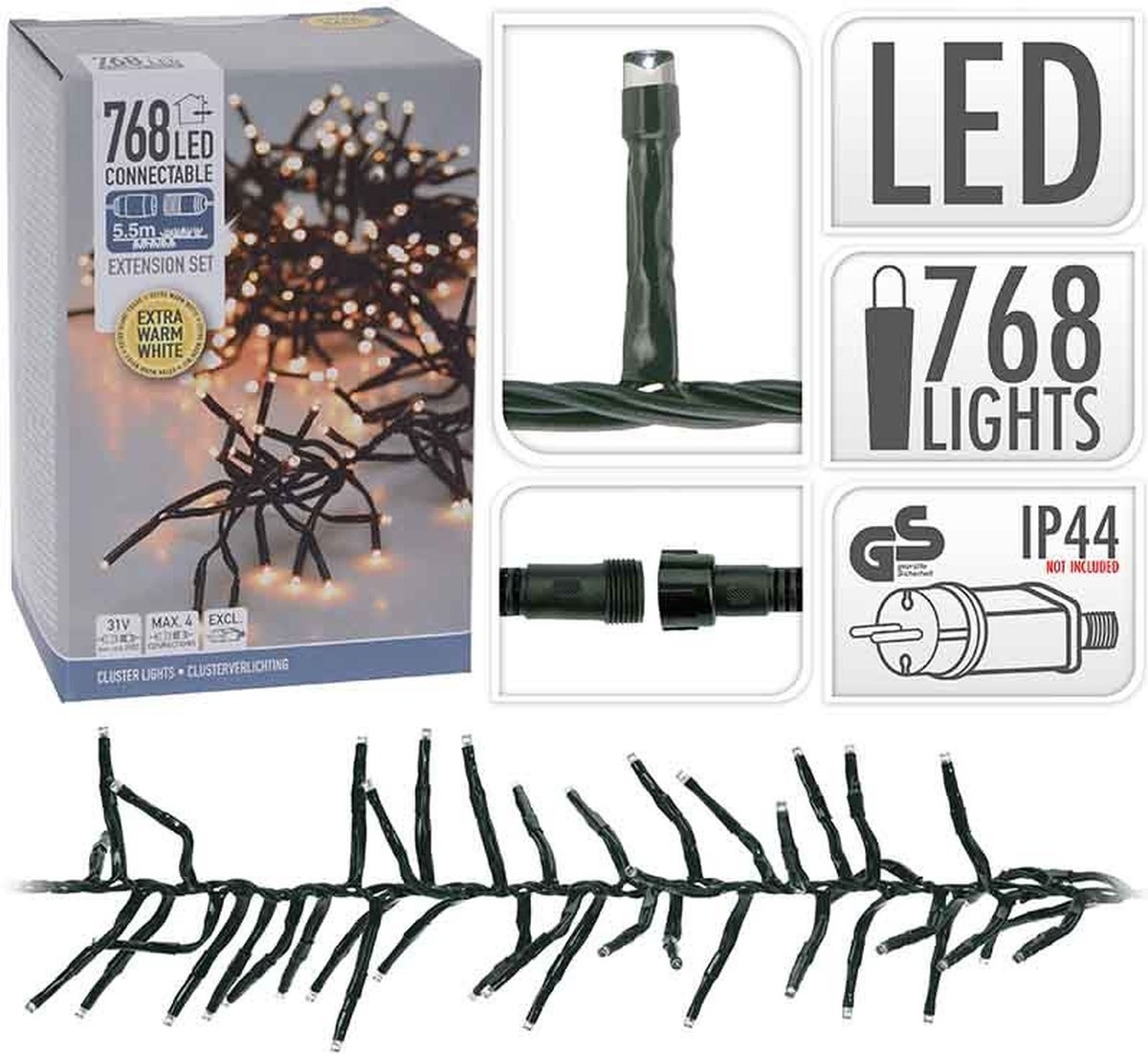 Kerstverlichting cluster koppelbaar | 768 LED lampjes | extra warm wit | 5,5 meter