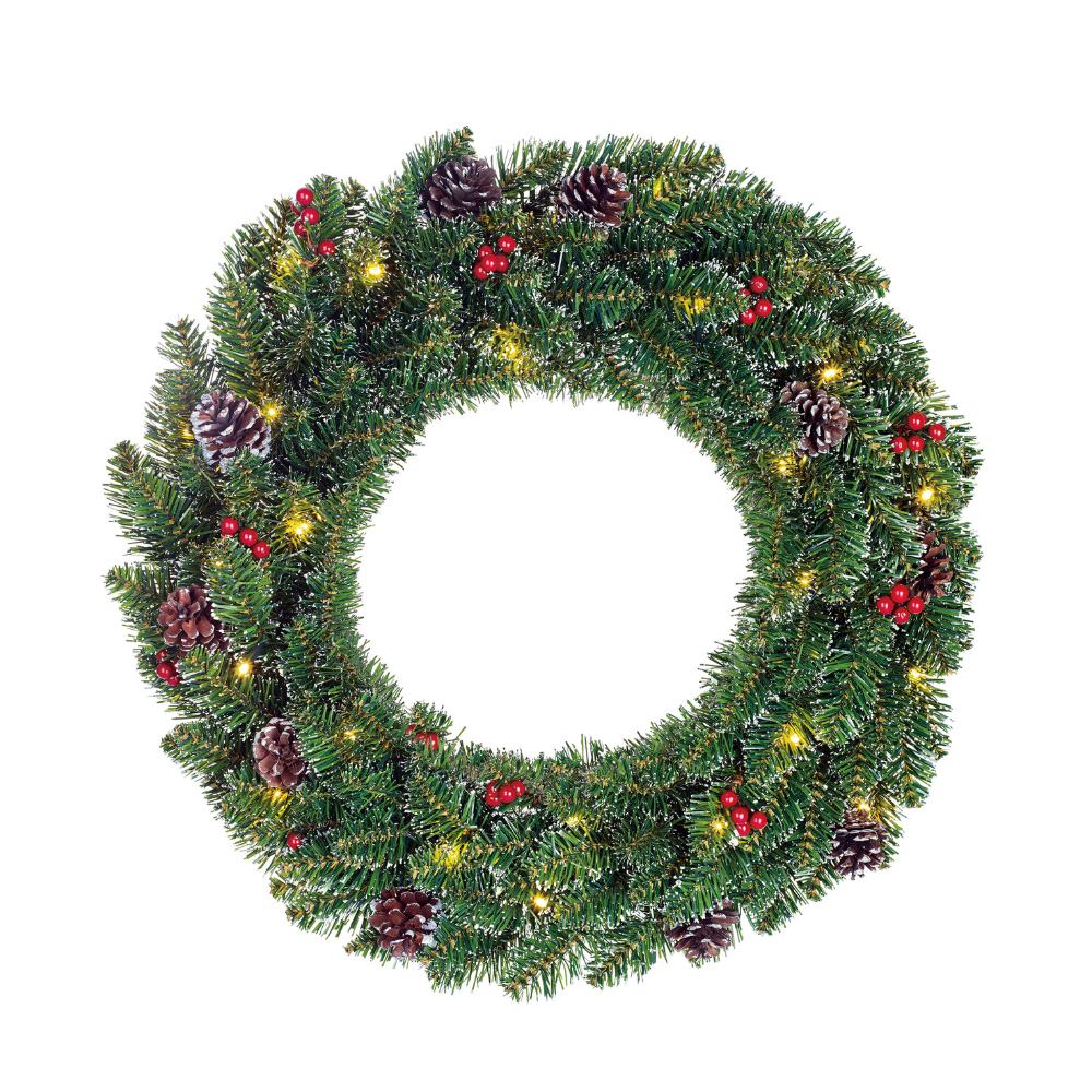 Creston kerstkrans incl. besjes en dennenappels | groen met bevroren details & LED lampjes | 60cm