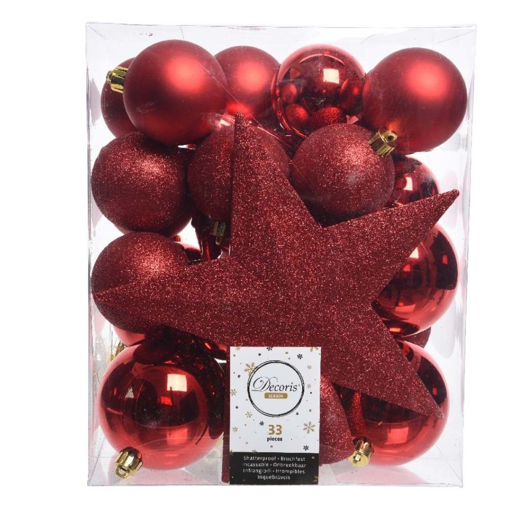 Kerstballen mixbox 33-delig | kunststof/onbreekbaar | rood | diverse maten