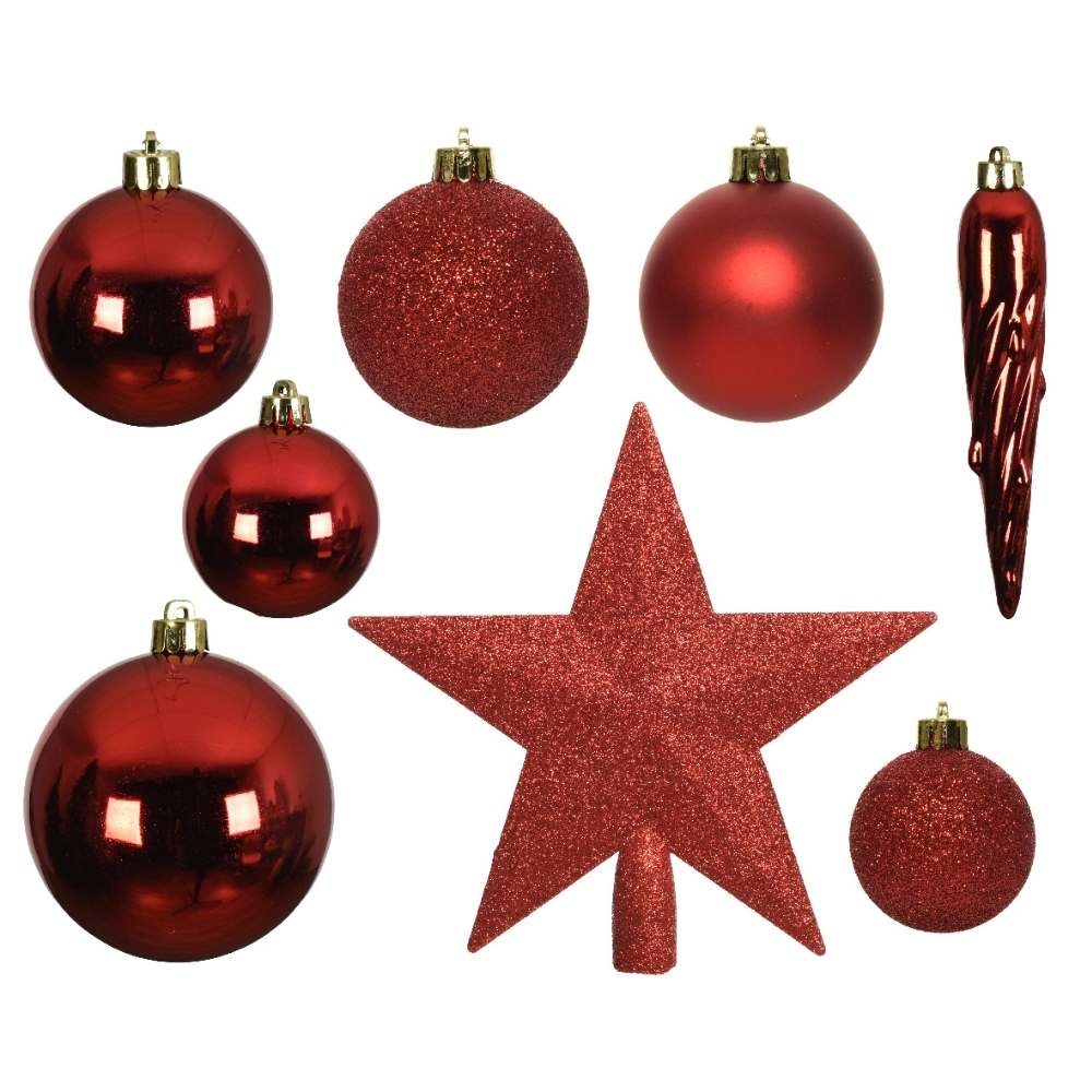 Kerstballen mixbox 33-delig | kunststof/onbreekbaar | rood | diverse maten