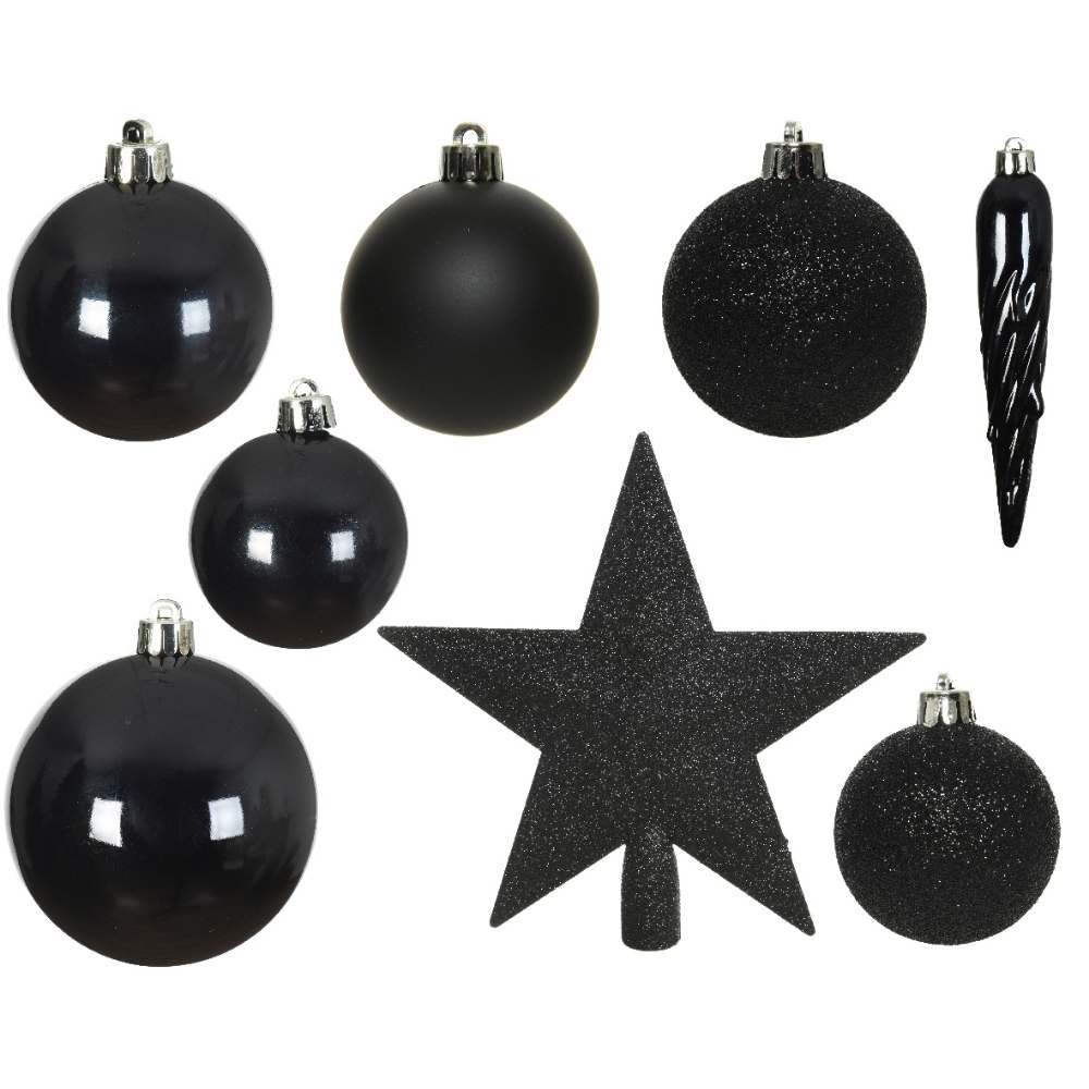 Kerstballen mixbox 33-delig | kunststof/onbreekbaar | zwart | diverse maten