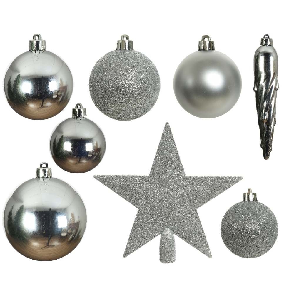 Kerstballen mixbox 33-delig | kunststof/onbreekbaar | zilver | diverse maten