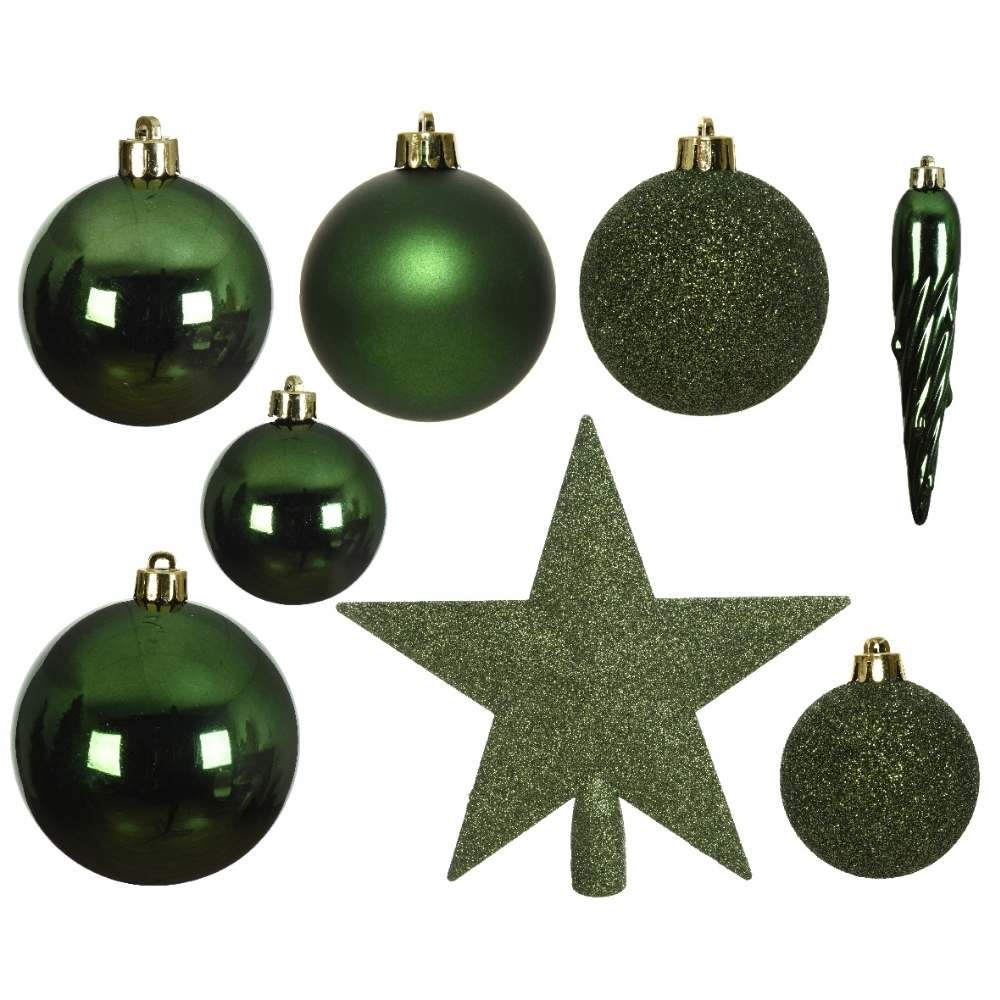 Kerstballen mixbox 33-delig | kunststof/onbreekbaar | dennengroen | diverse maten