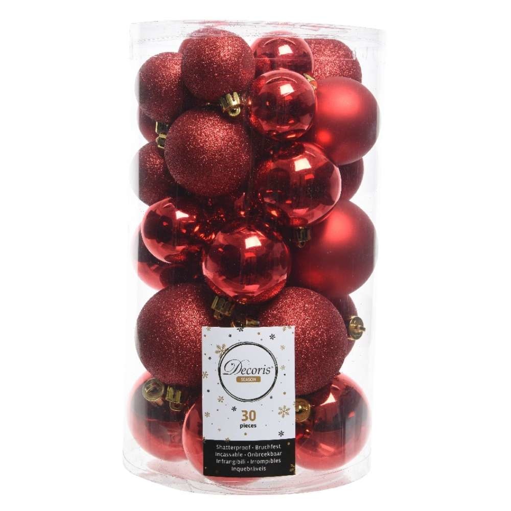 Kerstballen set 30-delig | kunststof/onbreekbaar | rood | diverse maten