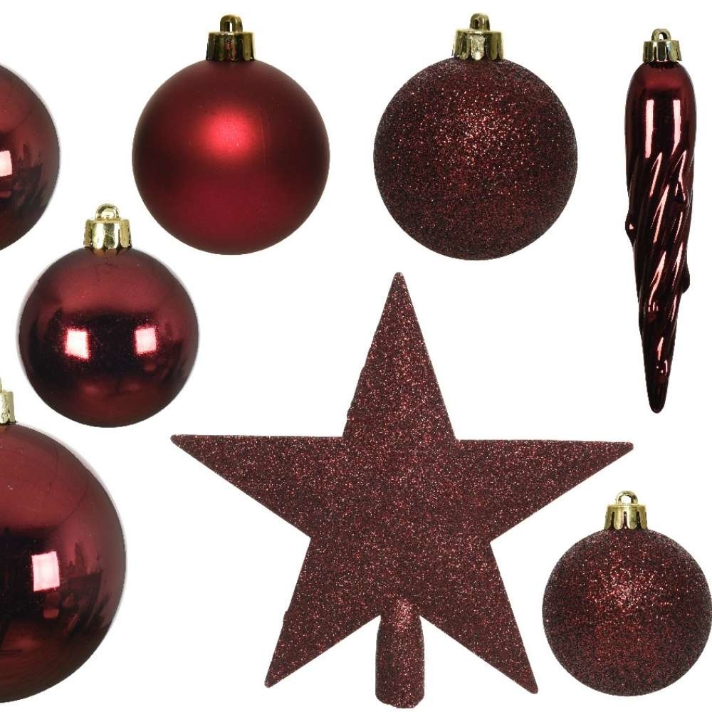 Kerstballen mixbox 33-delig | kunststof/onbreekbaar | donkerrood | diverse maten