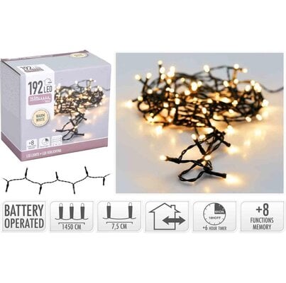 Kerstverlichting op batterijen | 192 LED lampjes | warm wit | 14,5 meter