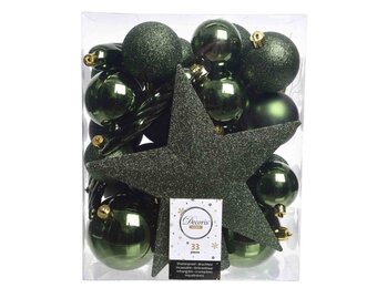 Kerstballen mixbox met piek 33-delig | dennengroen | kunststof/onbreekbaar | diverse maten