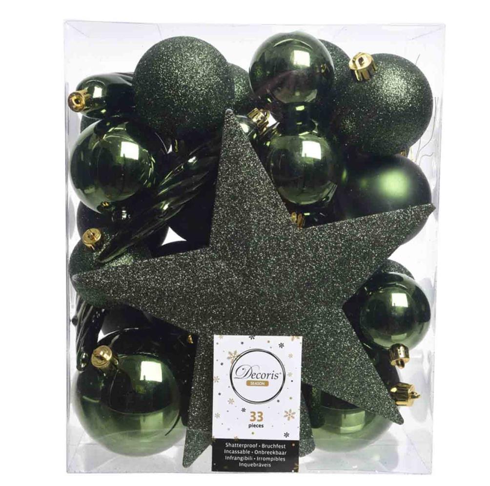 Kerstballen mixbox met piek 33-delig | dennengroen | kunststof/onbreekbaar | diverse maten