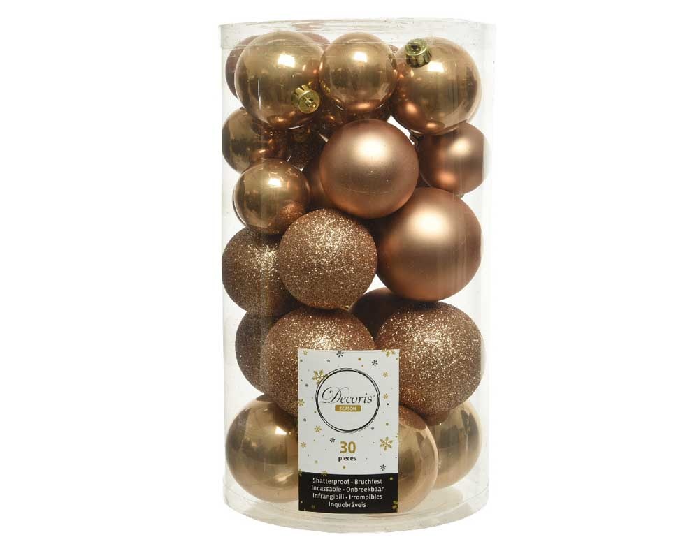 Kerstballen set 30-delig | kunststof/onbreekbaar | camel bruin | diverse maten