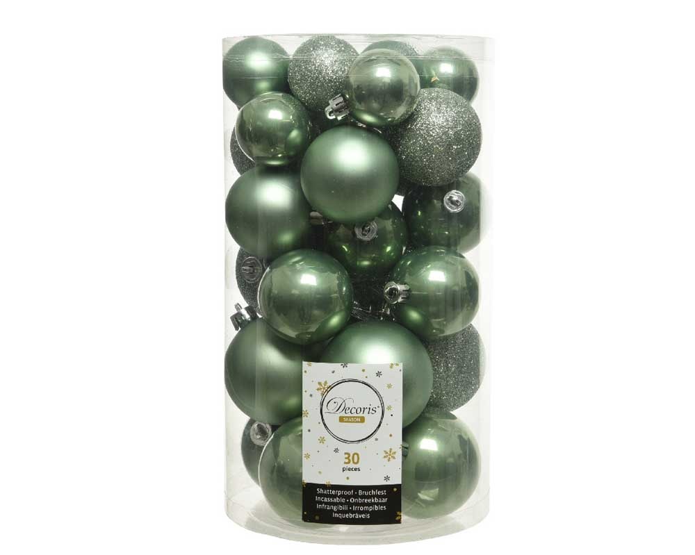 Kerstballen set 30-delig | kunststof/onbreekbaar | saliegroen | diverse maten