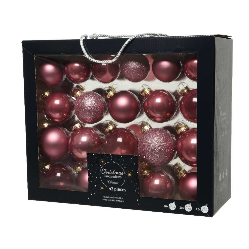 Kerstballen set 42-delig | glas | donkerroze | diverse maten
