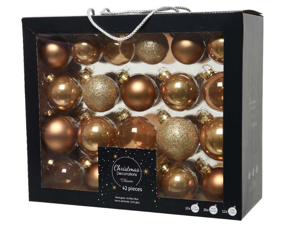 Kerstballen set 42-delig | glas | camel bruin | diverse maten