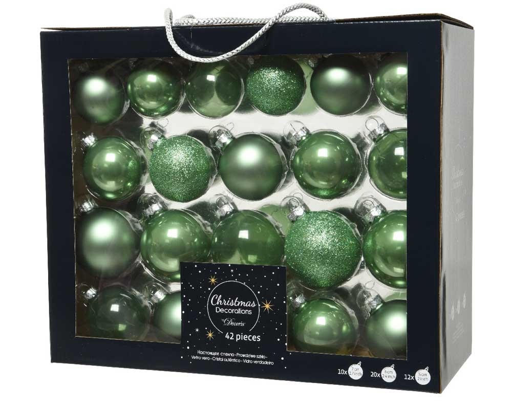 Kerstballen set 42-delig | glas | saliegroen | diverse maten