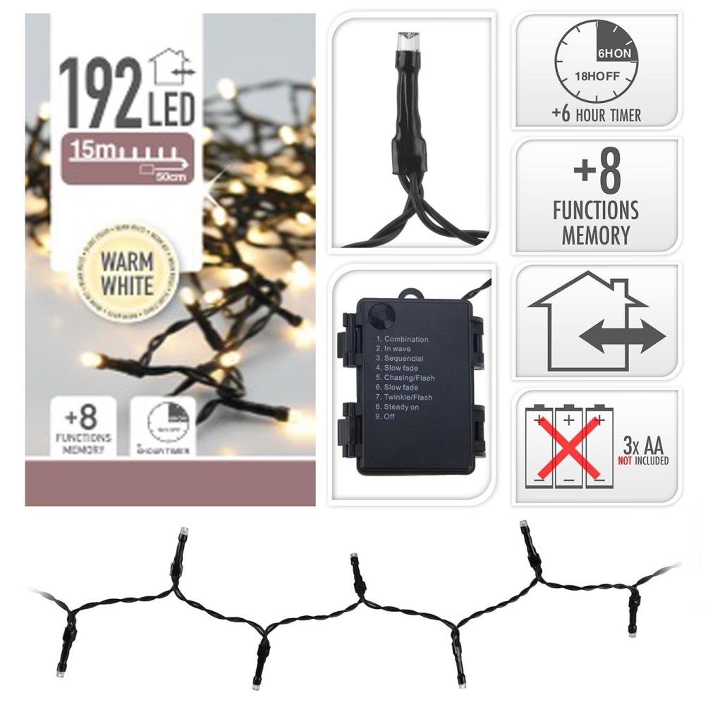 Kerstverlichting op batterijen | 192 LED lampjes | warm wit | 14,5 meter