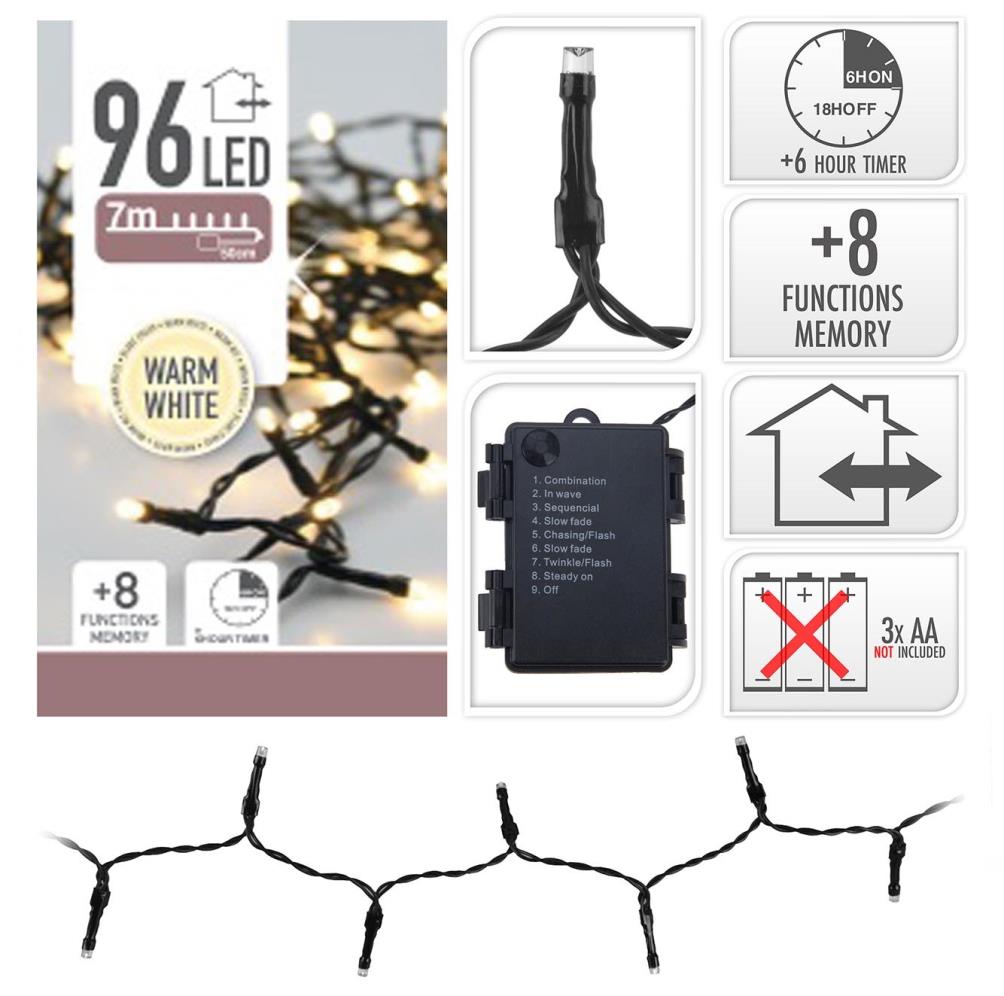 Kerstverlichting op batterijen | 96 LED lampjes | warm wit | 7 meter