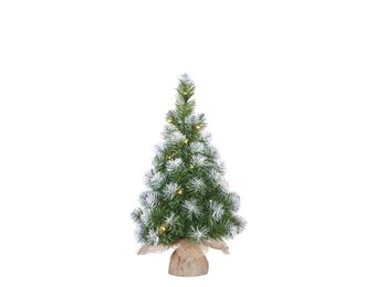 Norton frosted kerstboompje in jute zak 60xø13cm | groen met sneeuw details & LED lampjes