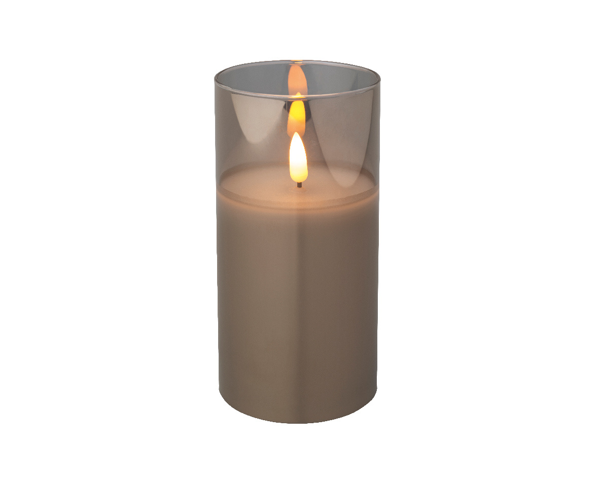 LED kaars glas H15cm | rookgrijs/warm wit | Ø7,5cm