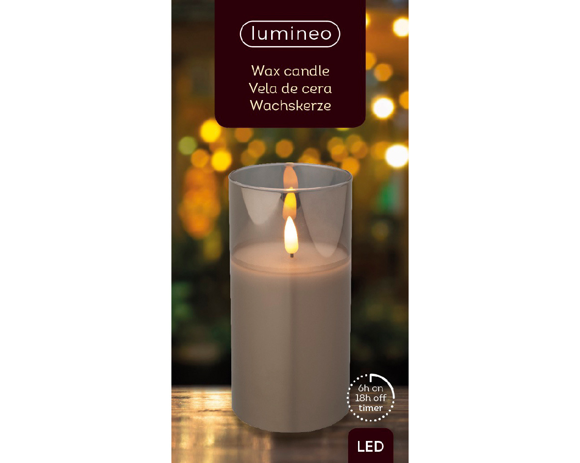 LED kaars glas H15cm | rookgrijs/warm wit | Ø7,5cm