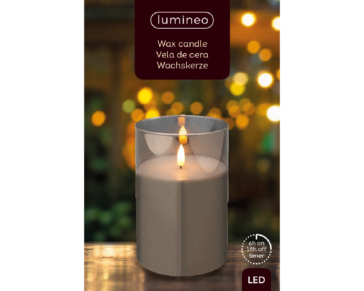 LED kaars glas H15cm | rookgrijs/warm wit | Ø10cm