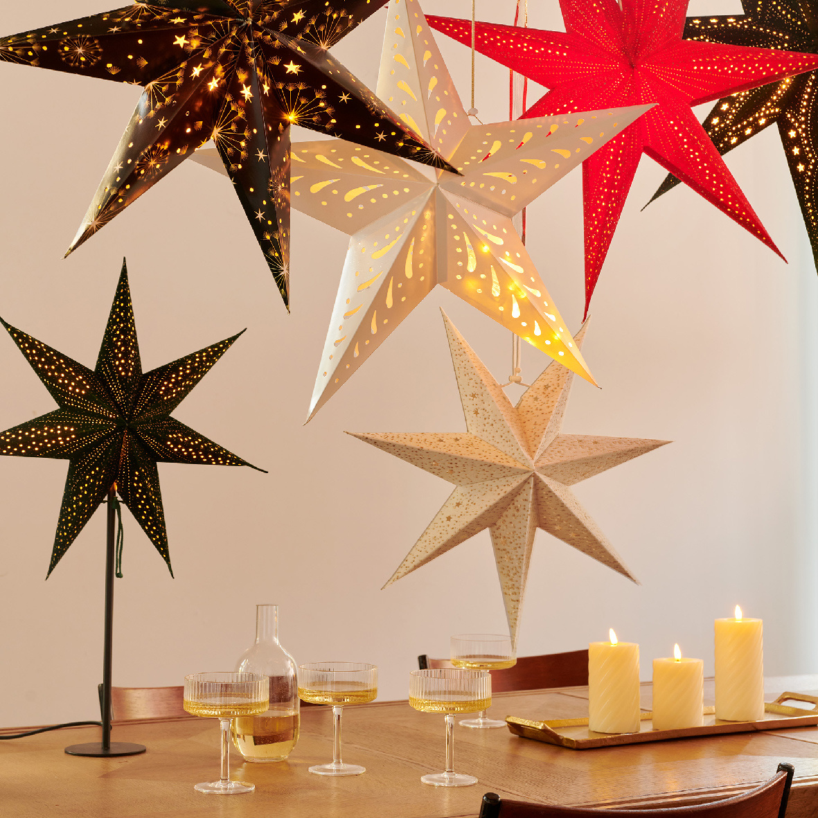 Ster kersthanger | papier | ossenbloed | LED/warm wit | 60cm