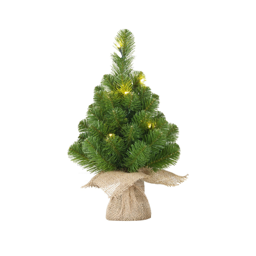 Norton kerstboompje in jute zak | groen met 15 LED lampjes | 60cm
