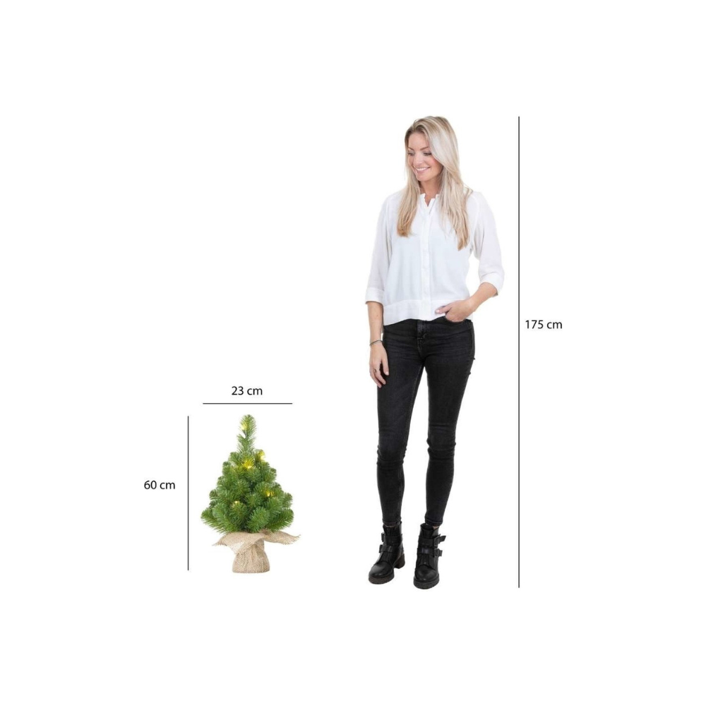 Norton kerstboompje in jute zak | groen met 15 LED lampjes | 60cm
