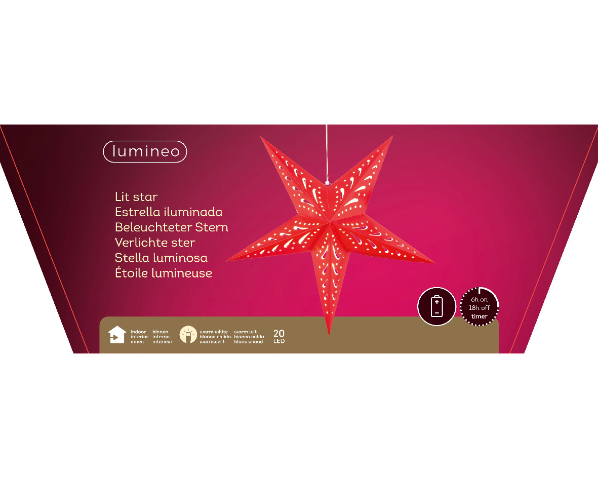 Ster kersthanger | papier | ossenbloed | LED/warm wit | 60cm