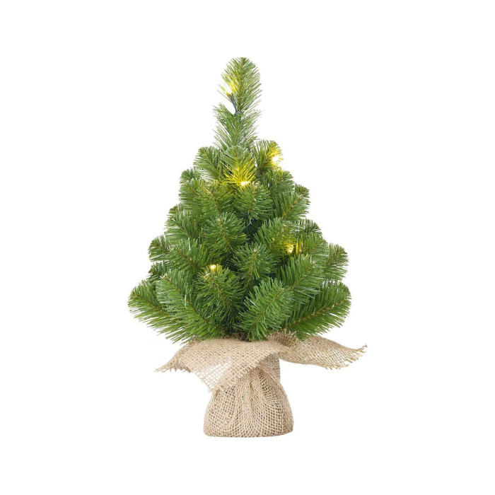 Norton kerstboompje in jute zak 45xø20cm | groen met 10 LED lampjes