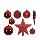 Kerstballen mixbox met piek 33-delig | kerstrood | kunststof/onbreekbaar | diverse maten