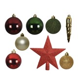 Kerstballen mixbox met piek 33-delig | rood, groen en goud | kunststof/onbreekbaar | diverse maten