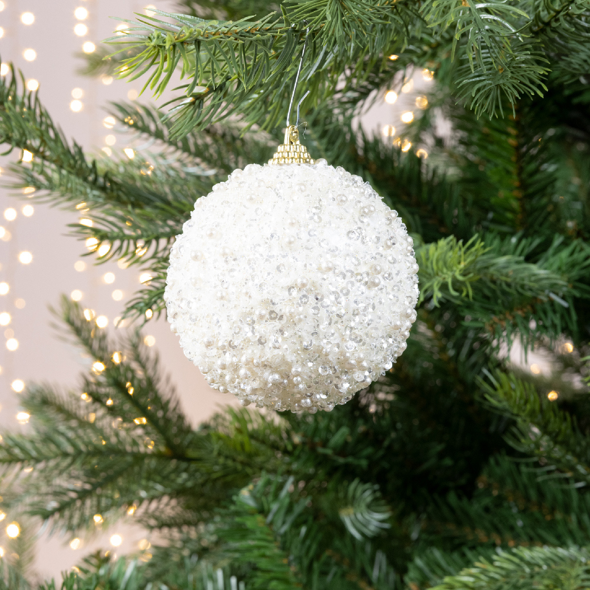 Gedecoreerde kerstbal ø8cm | foam | wolwit met kralen en glitters