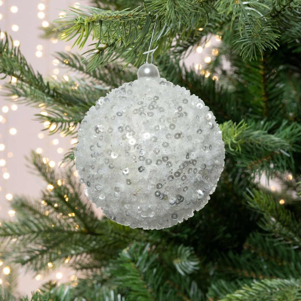 Gedecoreerde kerstbal ø8cm | foam | winterwit met pailletes