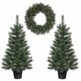 Glendon twee kerstboompjes + krans 90xø45cm | groen met 85 LED lampjes  | set van 3 | voordeur versiering