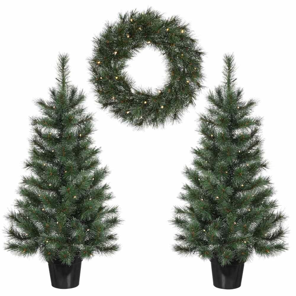 Glendon twee kerstboompjes + krans 90xø45cm | groen met 85 LED lampjes  | set van 3 | voordeur versiering