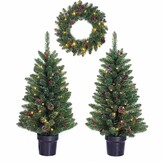 Creston twee kerstboompjes + krans 90xø45cm | groen met 85 LED lampjes  | set van 3 | voordeur versiering