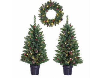 Creston twee kerstboompjes + krans 90xø45cm | groen met 85 LED lampjes  | set van 3 | voordeur versiering