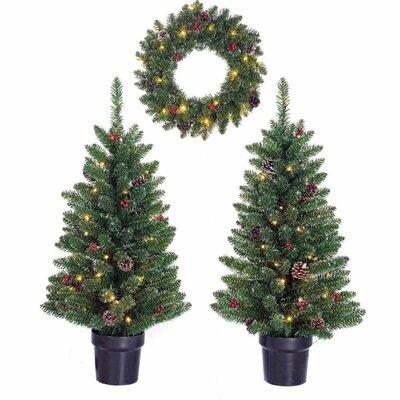 Creston twee kerstboompjes + krans 90xø45cm | groen met 85 LED lampjes  | set van 3 | voordeur versiering