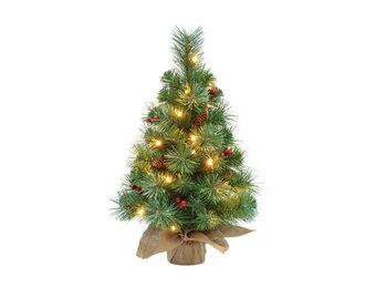 Warth kerstboompje in jute zak 60xø35cm | groen met 30 LED lampjes + dennenappels & besjes