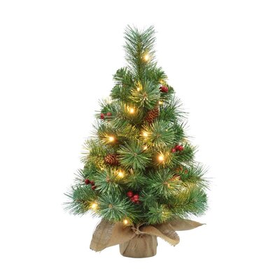 Warth kerstboompje in jute zak 60xø35cm | groen met 30 LED lampjes + dennenappels & besjes