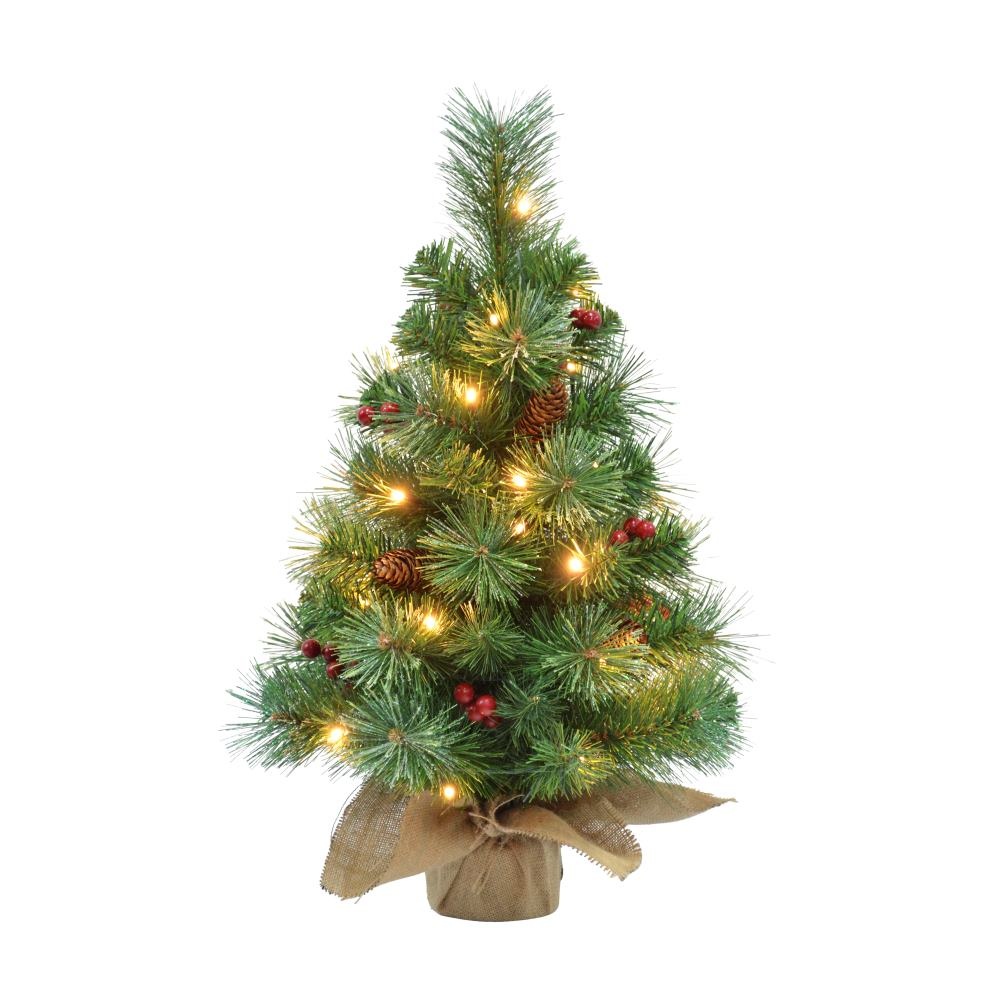 Warth kerstboompje in jute zak 60xø35cm | groen met 30 LED lampjes + dennenappels & besjes