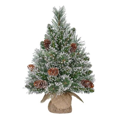 Vandans kerstboompje in jute zak 45xø30cm | groen met bevroren details & dennenappels