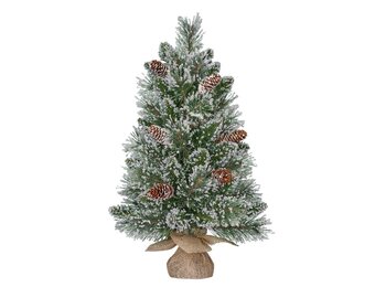 Vandans kerstboompje in jute zak 60xø36cm | groen met bevroren details & dennenappels