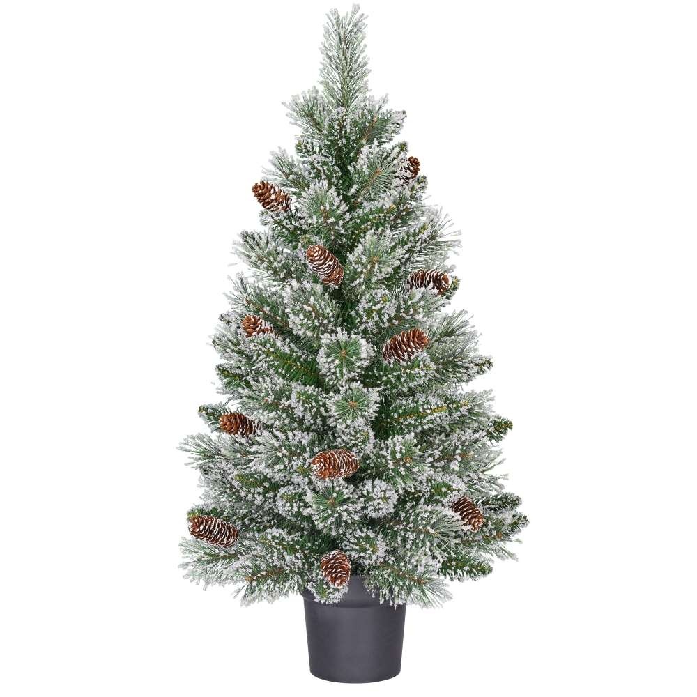 Vandans kerstboompje in pot 90xø48cm | groen met bevroren details & dennenappels