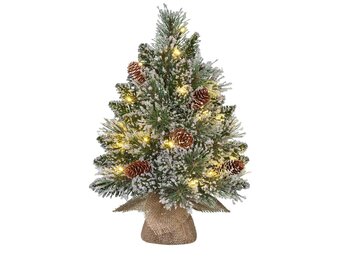 Vandans kerstboompje in jute zak 45xø30cm | groen met bevroren details & 20 LED lampjes