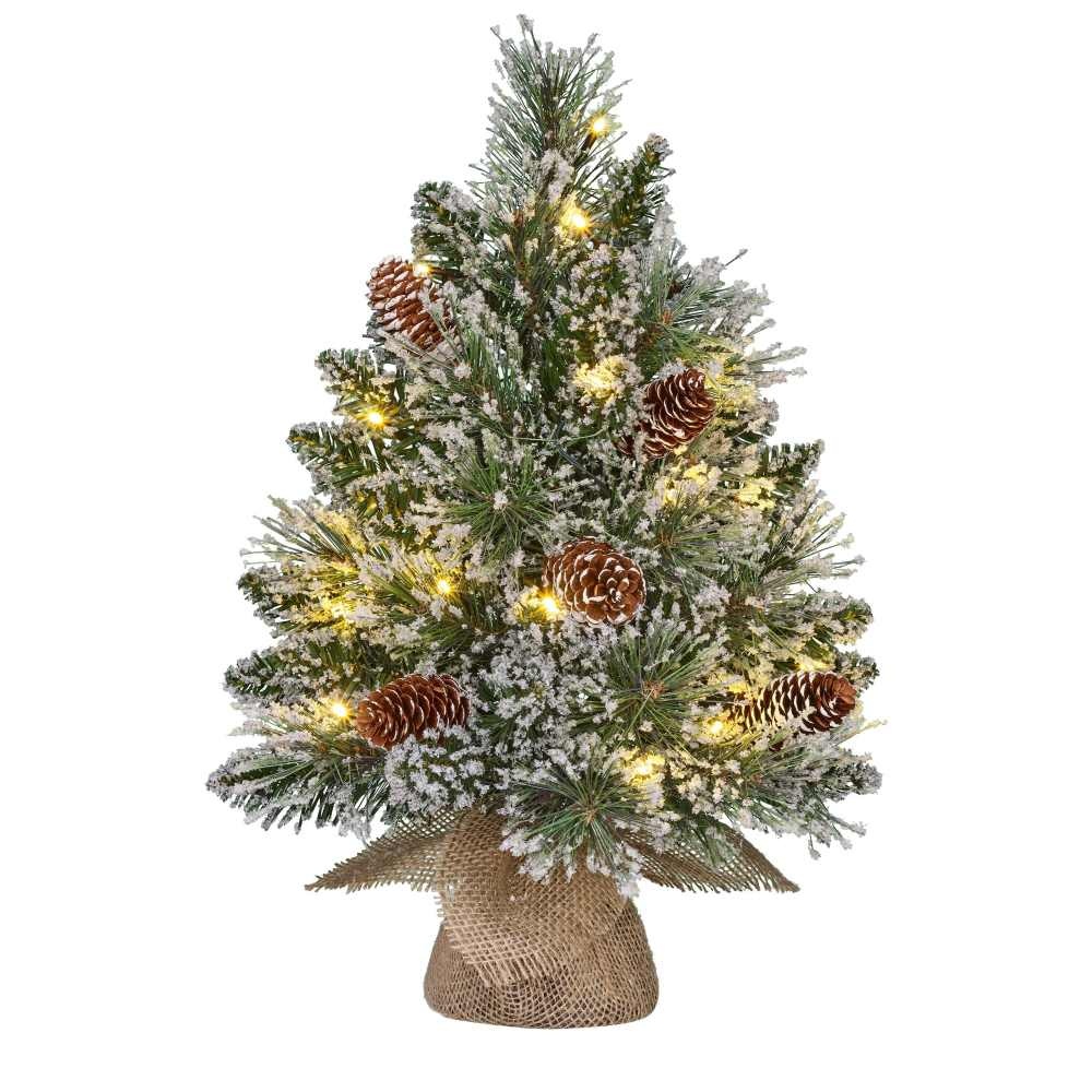 Vandans kerstboompje in jute zak 45xø30cm | groen met bevroren details & 20 LED lampjes