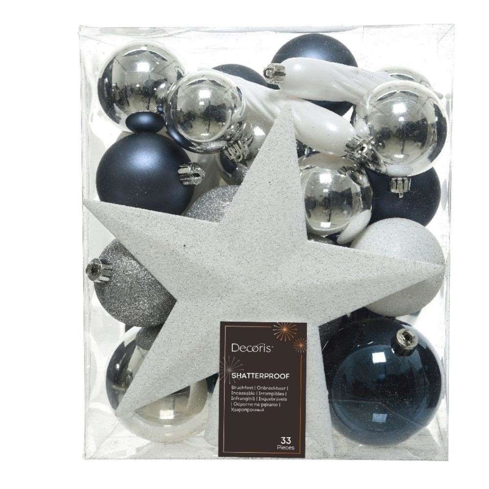 Kerstballen mixbox met piek 33-delig | zilver en nachtblauw | kunststof/onbreekbaar | diverse maten
