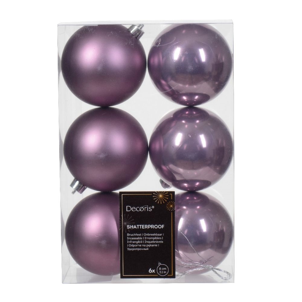 Kerstballen set 6-delig | kristal lila | kunststof/onbreekbaar | 8cm