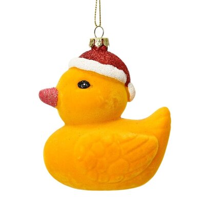 Kersthanger eend met kerstmuts | zacht velours | onbreekbaar | 9cm