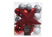 Kerstballen mixbox met piek 33-delig | rood met zilver | kunststof/onbreekbaar | diverse maten